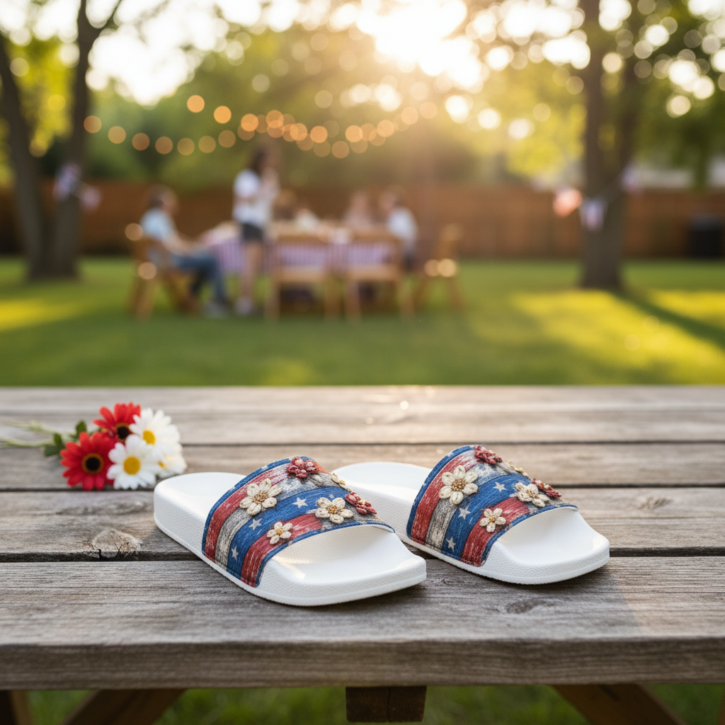 Patriotic Floral Slide Sandals — Backyard Party E-Commerce Mockup