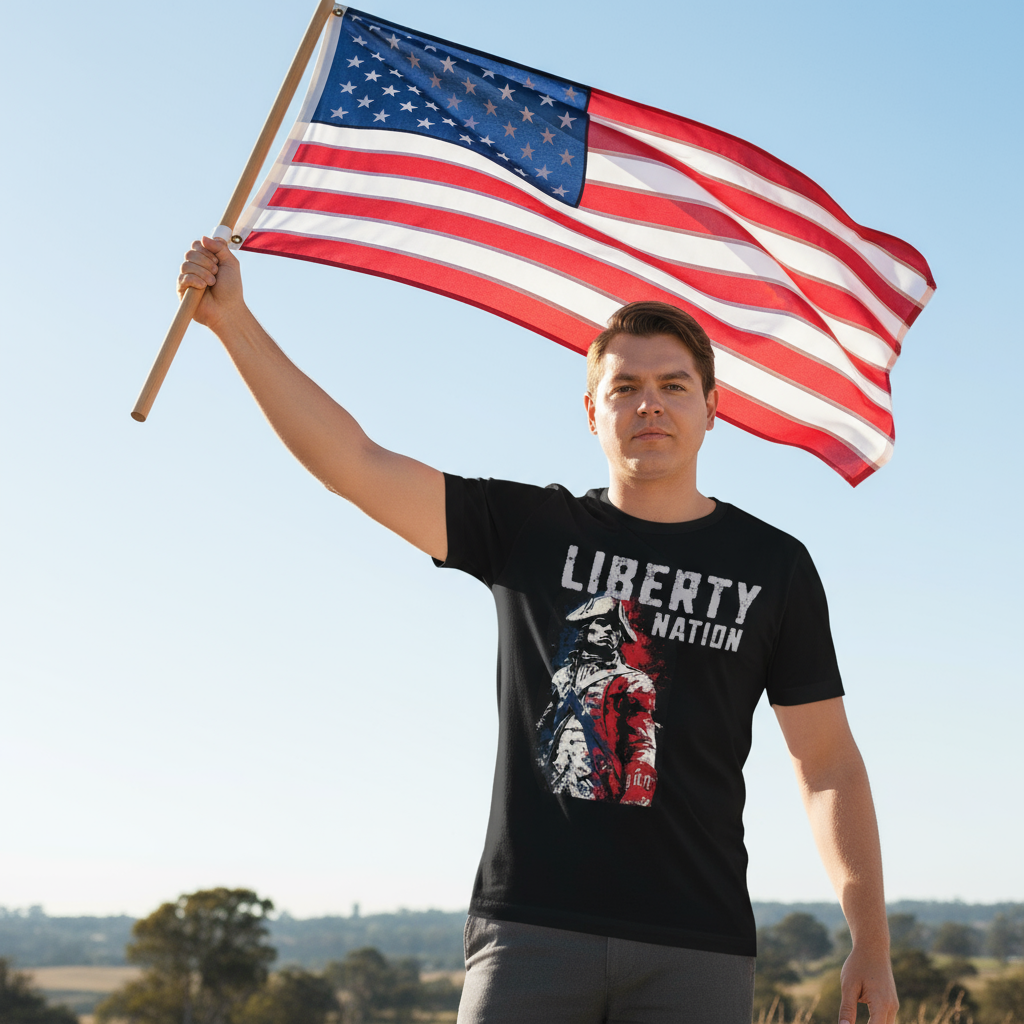 Patriotic man with American flag wearing Liberty Nation shirt