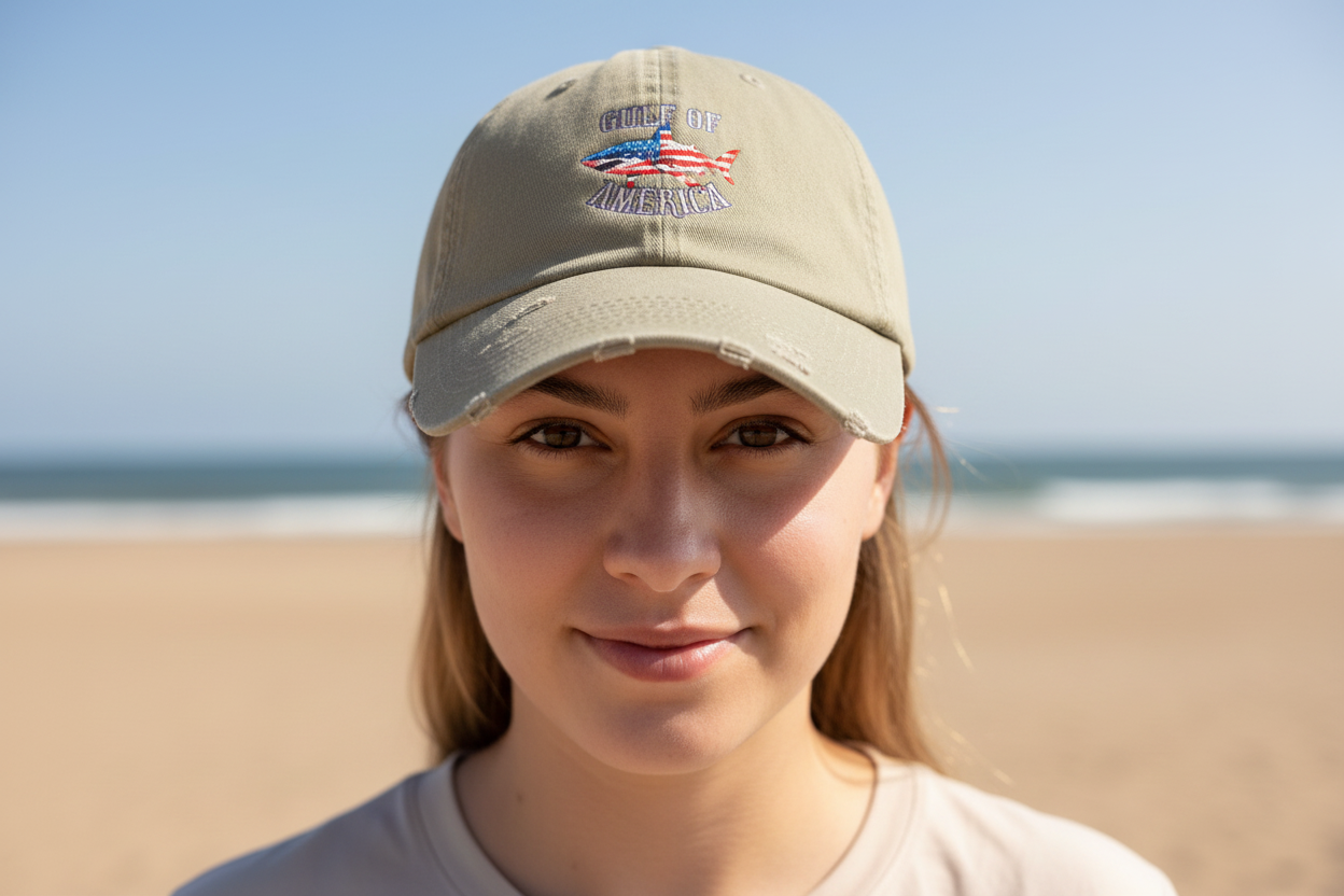 Person wearing Gulf of America Shark Hat - centered close-up