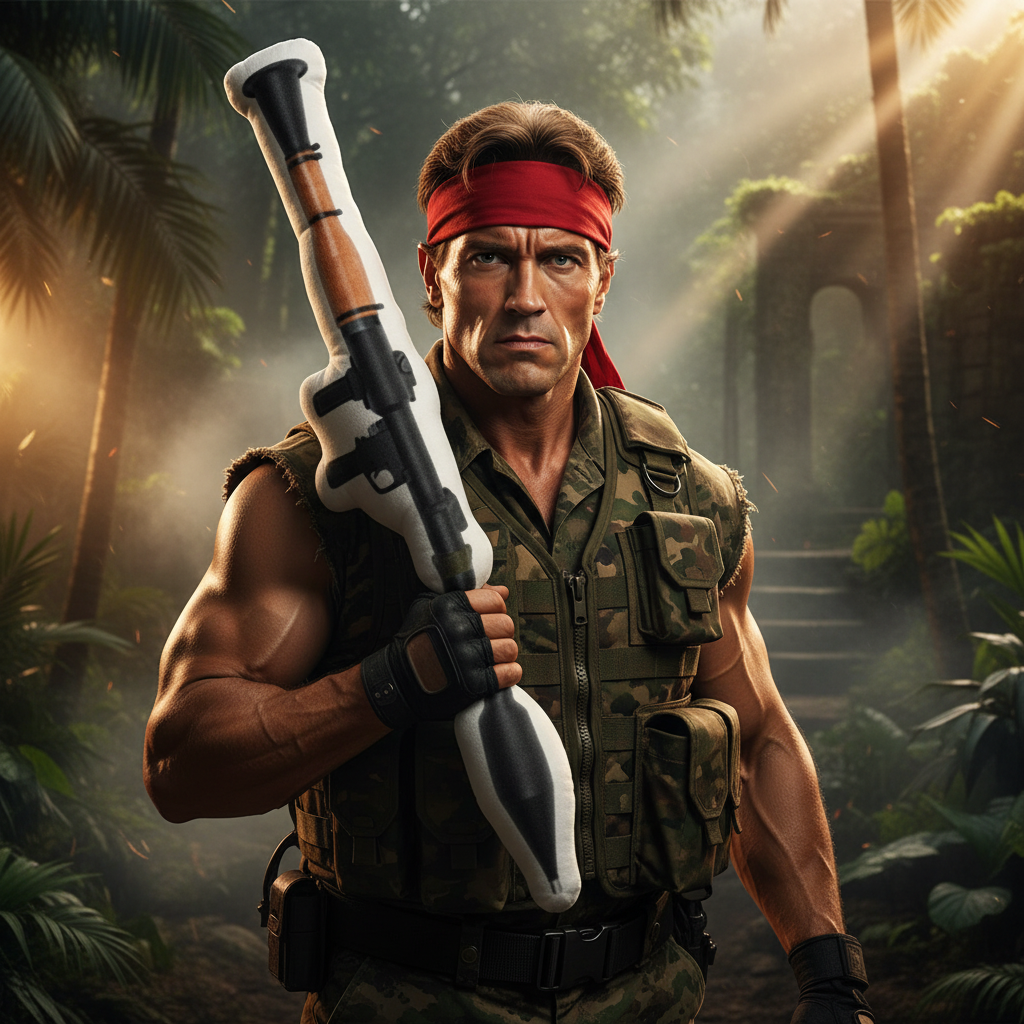Rambo-Style Hero with Rocket Launcher Pillow