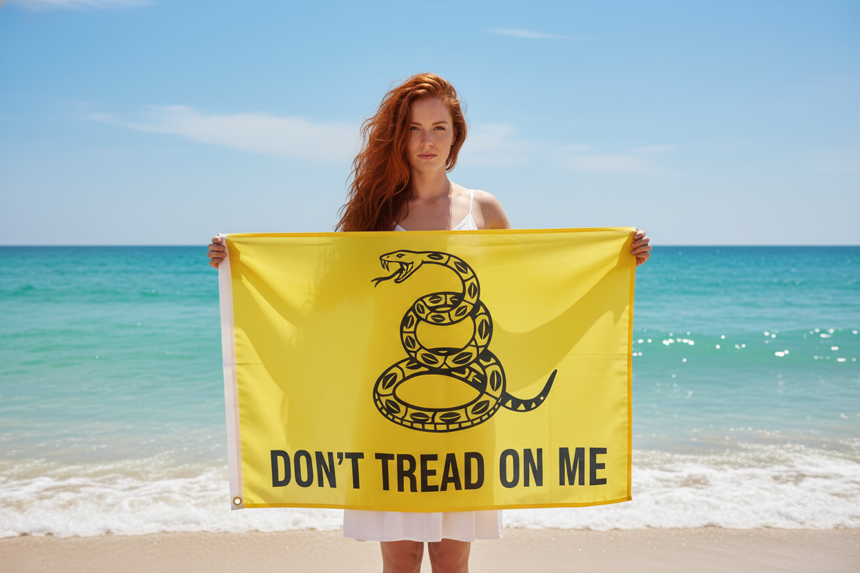 Red-haired woman holding Gadsden flag in front at beach