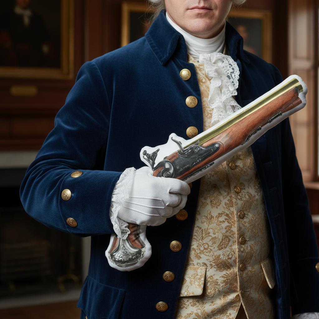 Revolutionary War Gentleman Gripping Flintlock Pistol Pillow