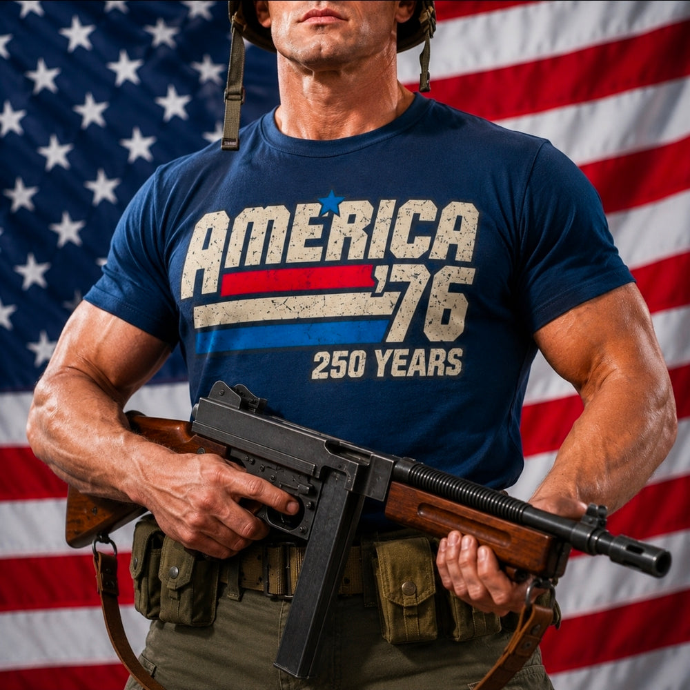 Person wearing a 'America 76' t-shirt holding a rifle in front of an American flag