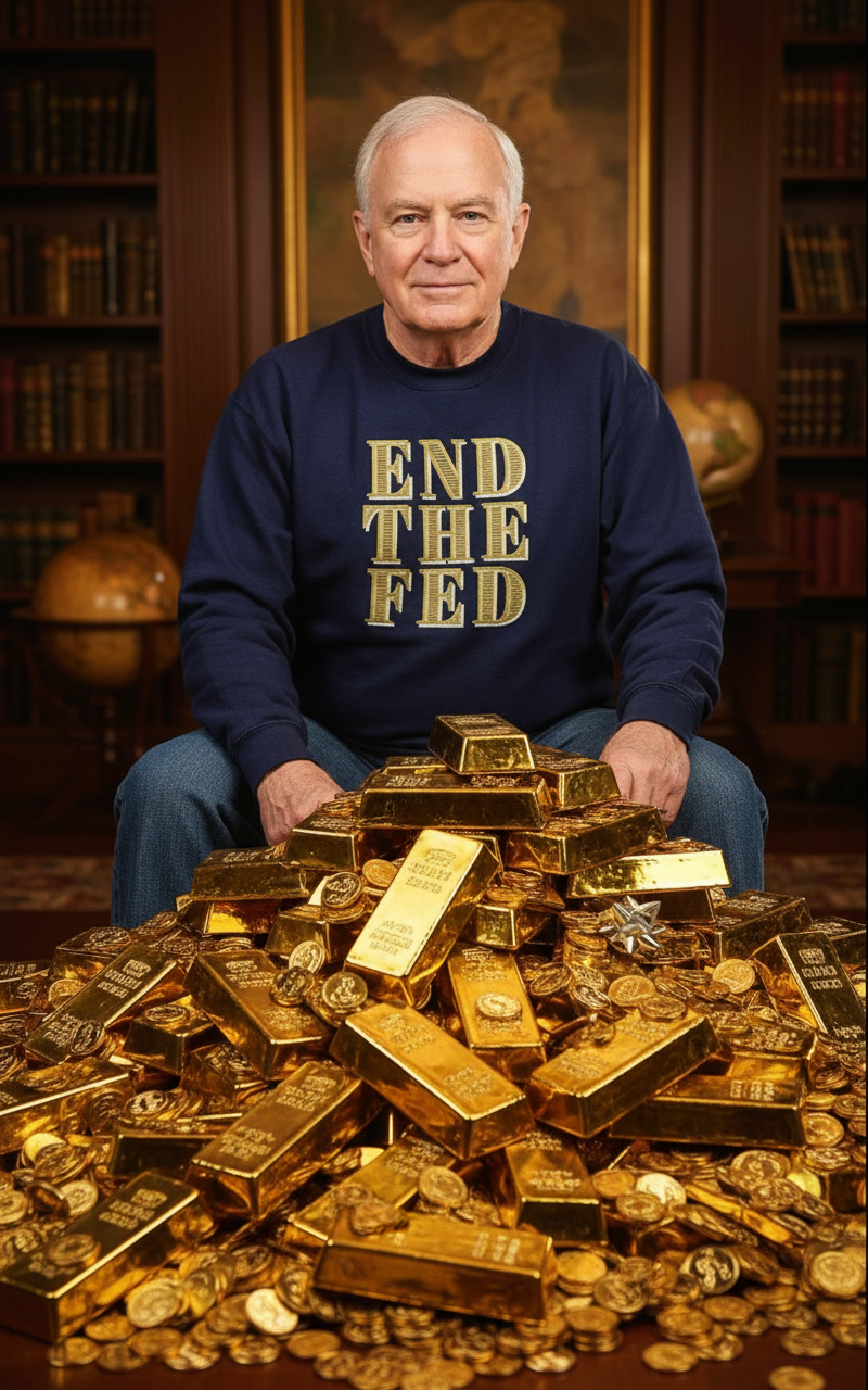 Ron Paul wearing End The Fed sweatshirt sitting on gold