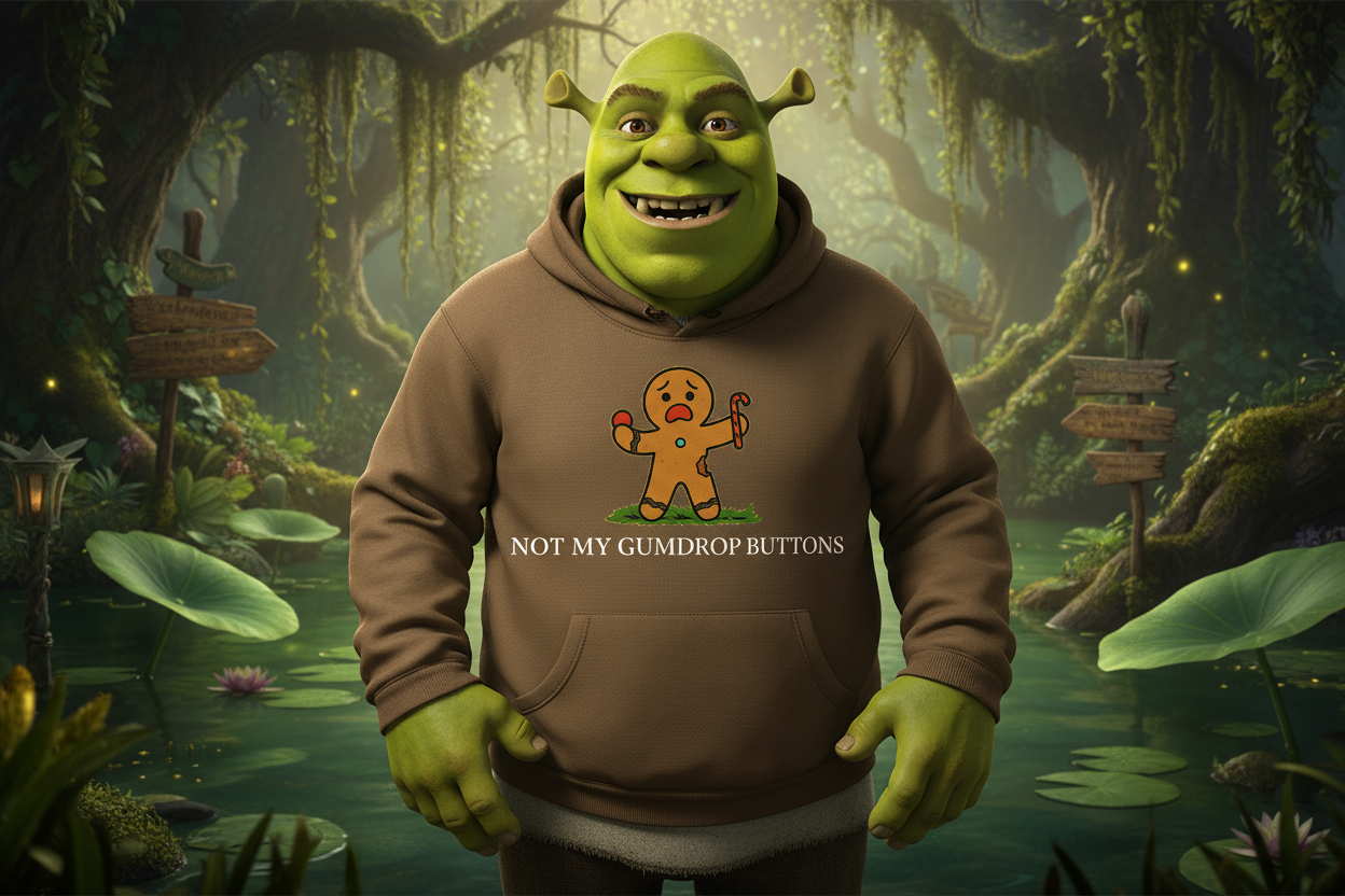 Shrek-like ogre wearing the hoodie