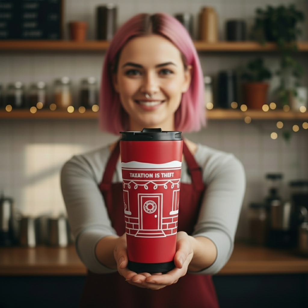 Taxation Is Theft travel mug extreme close-up with pink-haired barista