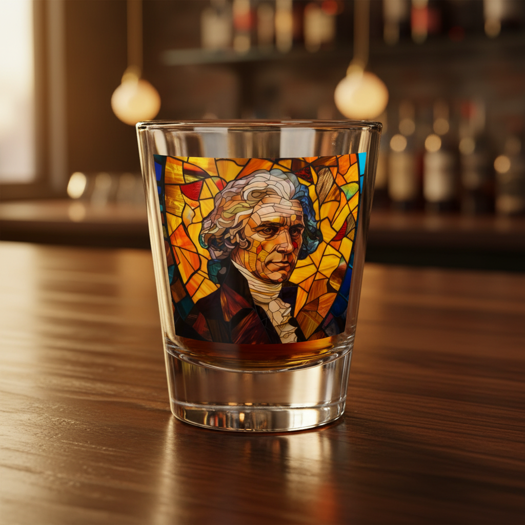 Thomas Jefferson Stained Glass Shot Glass on Bar Top