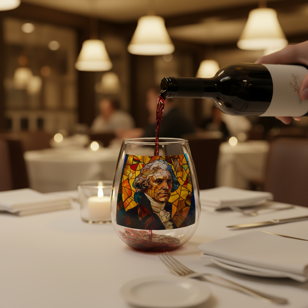 Thomas Jefferson Stained Glass Wine Glass at Fancy Restaurant