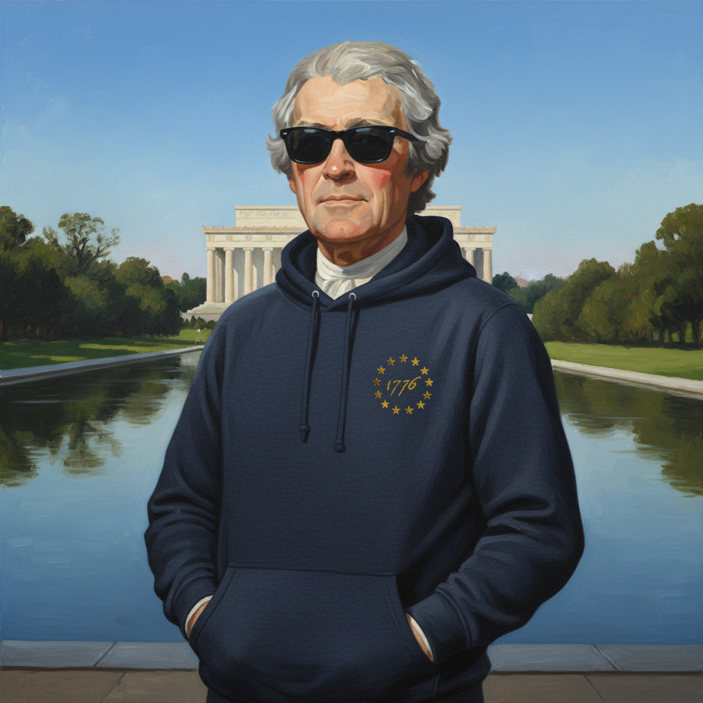 Thomas Jefferson wearing Spirit of 1776 hoodie