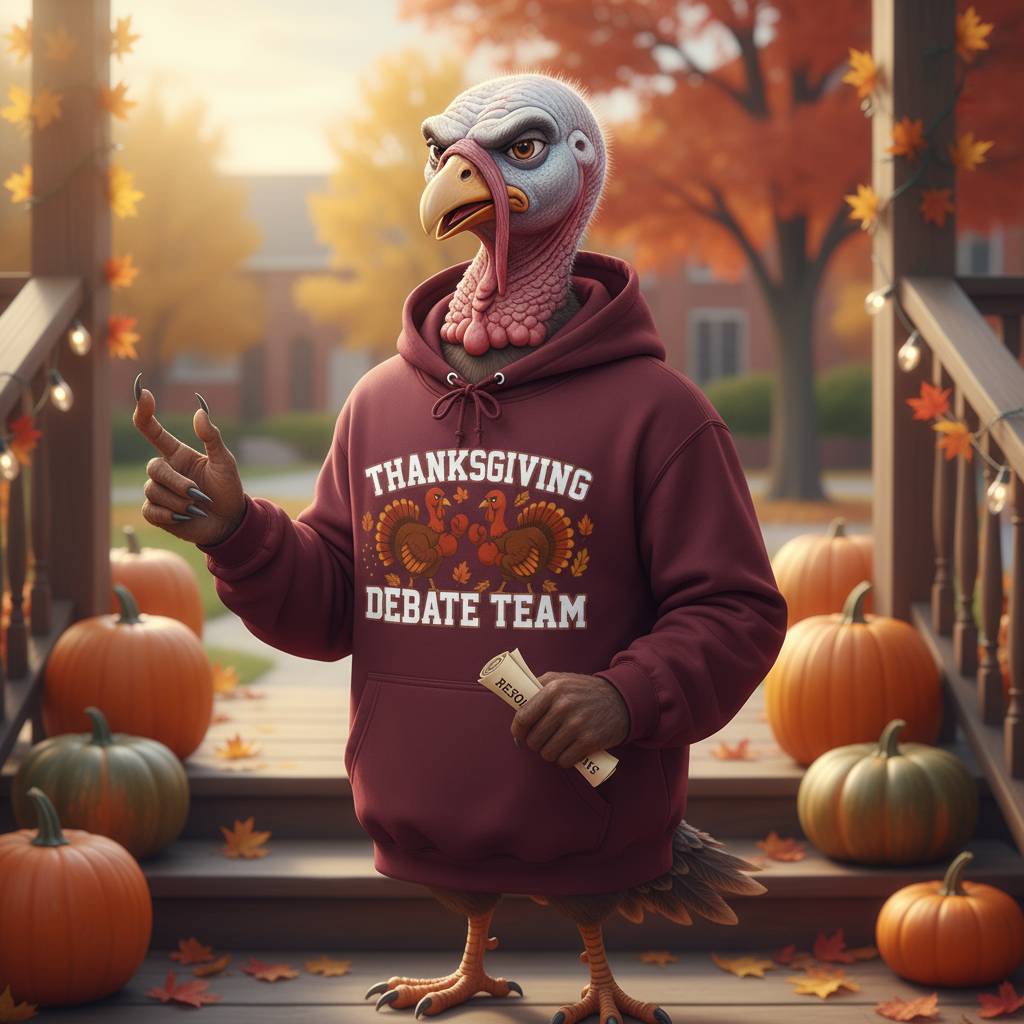 Turkey wearing Thanksgiving Debate Team hoodie