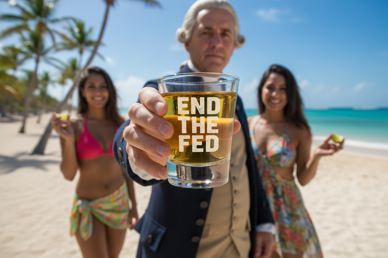 ultra realistic benjamin franklin taking a tequila shot out of a whiskey glass that says "end the fed" from the shop, Franklin is on the beach of mexico and has 2 hot latinas on his arm, the shot glass is the "hero" of the image