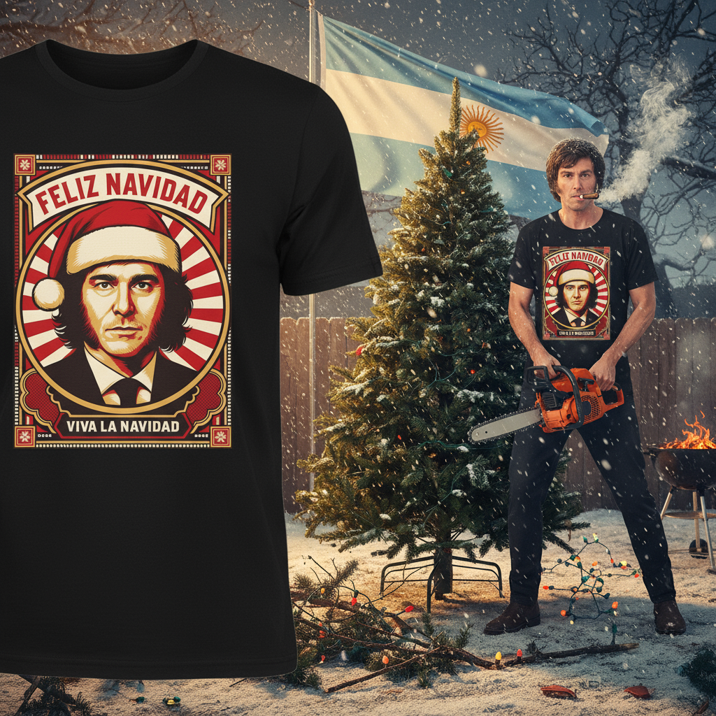 Viva La Navidad shirt design and man with chainsaw split composition