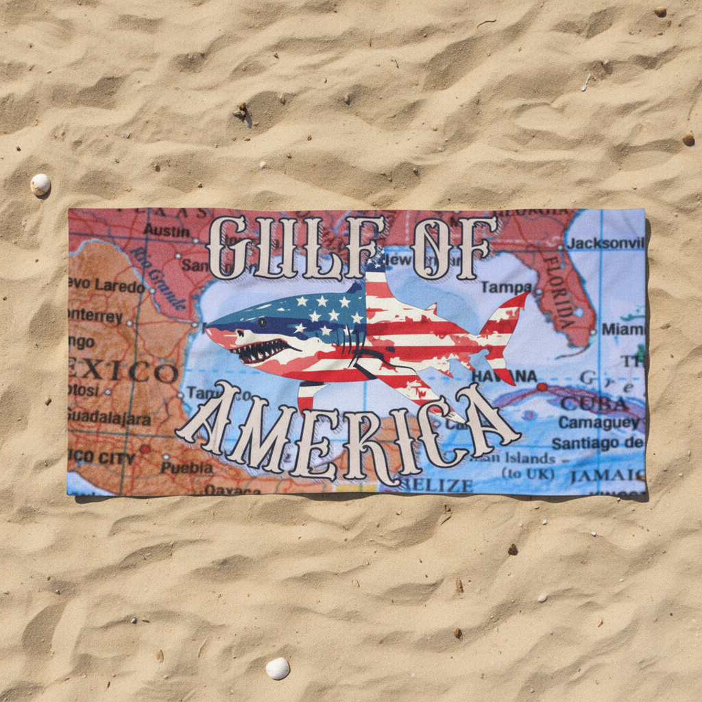 Walton & Johnson Gulf of America Shark Beach Towel - photorealistic top-down