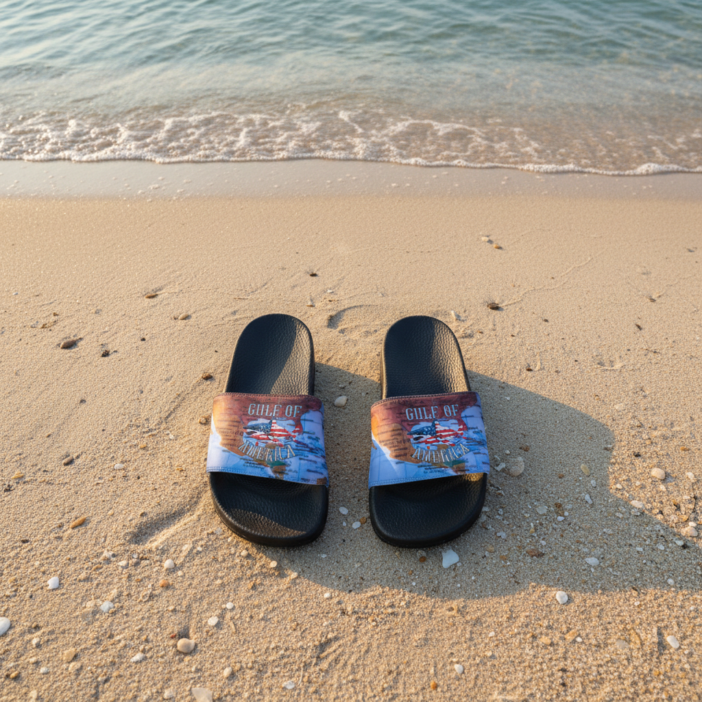 Walton & Johnson Gulf of America Shark Sandals - top-down beach view