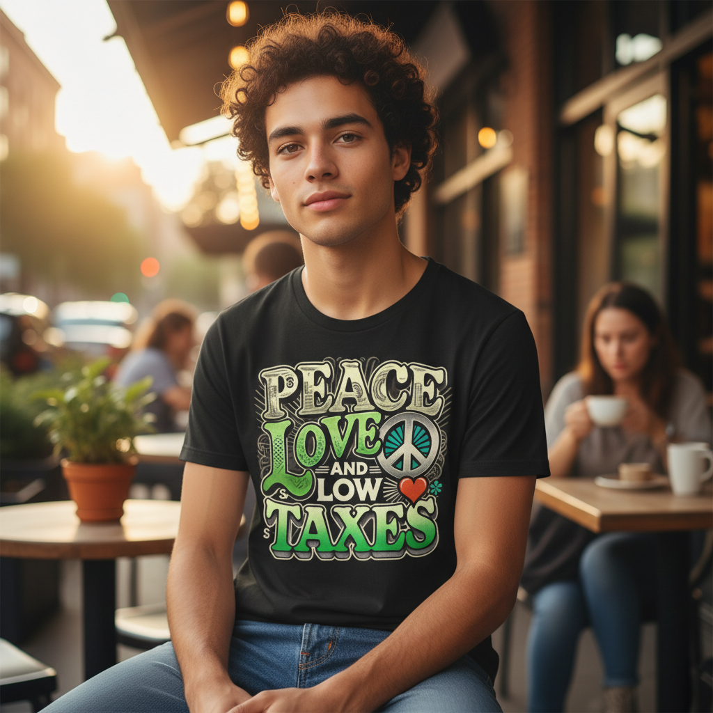 Walton & Johnson Peace, Love & Low Taxes T-Shirt Lifestyle Mockup