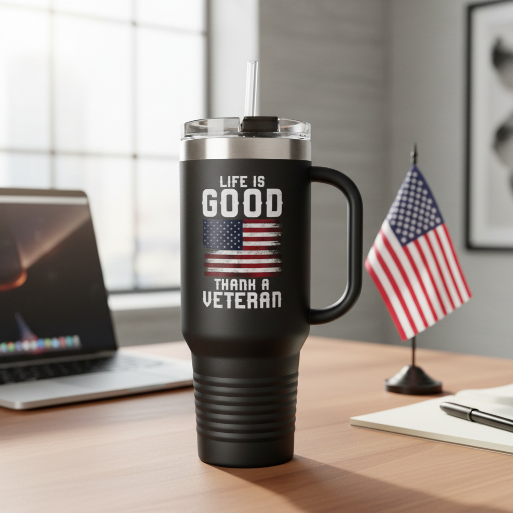 Walton & Johnson Thank A Veteran 40oz Tumbler on Office Desk
