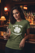 Woman at bar with painted nails wearing Kiss Me I'm Libertarian t-shirt