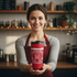 Woman barista holding Taxation Is Theft travel mug close-up