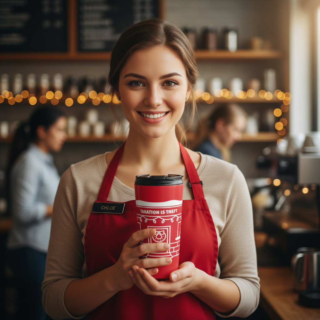 Woman barista in red apron holding Taxation Is Theft Holiday Cabin Tumbler