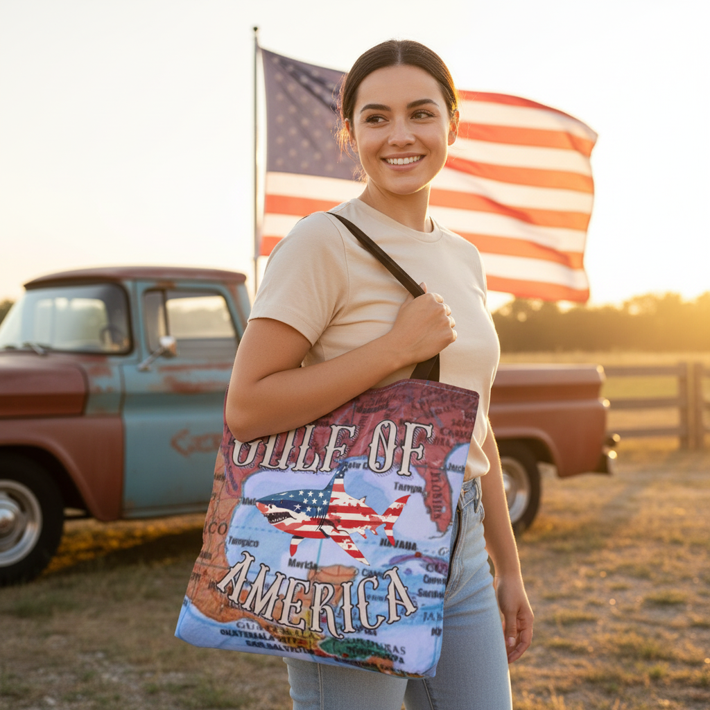 Woman holding Walton & Johnson Gulf of America Shark Tote Bag lifestyle photo