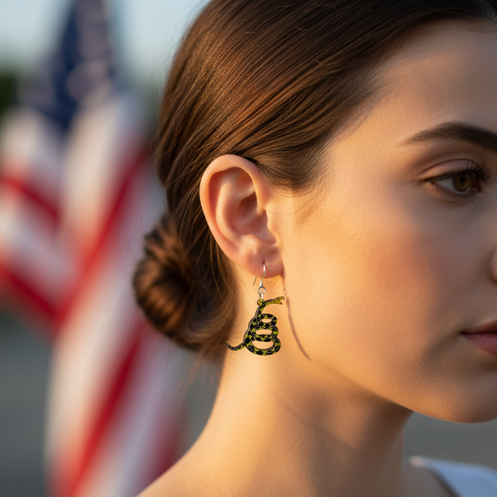 Woman wearing Don't Tread on Me Snake Earrings - Extreme Close-up with Lower Placement