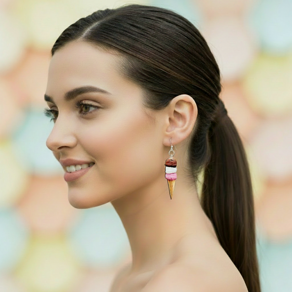 Woman wearing Ice Cream Earrings - Much Smaller Scale