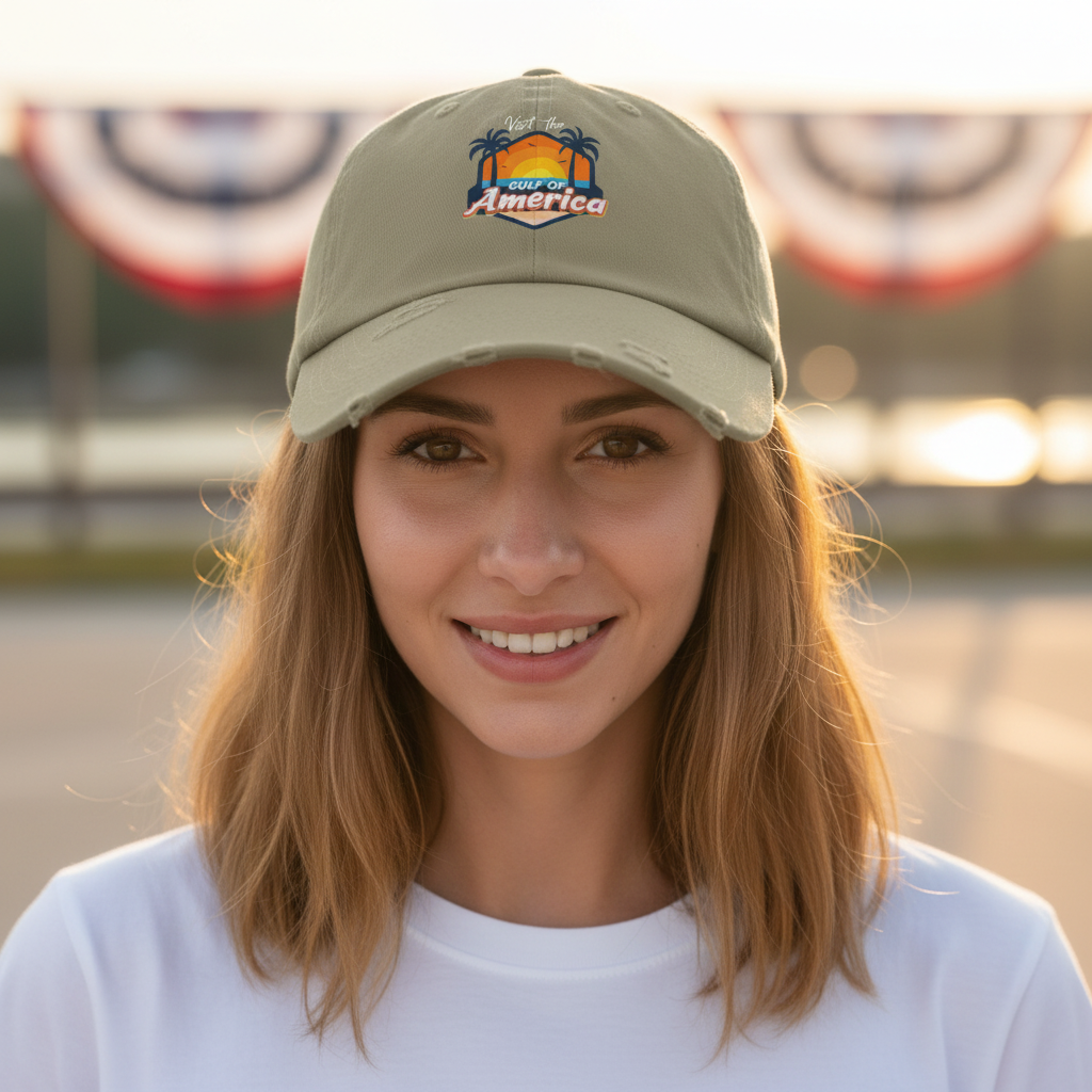Woman wearing Walton & Johnson Gulf of America Hat - close-up