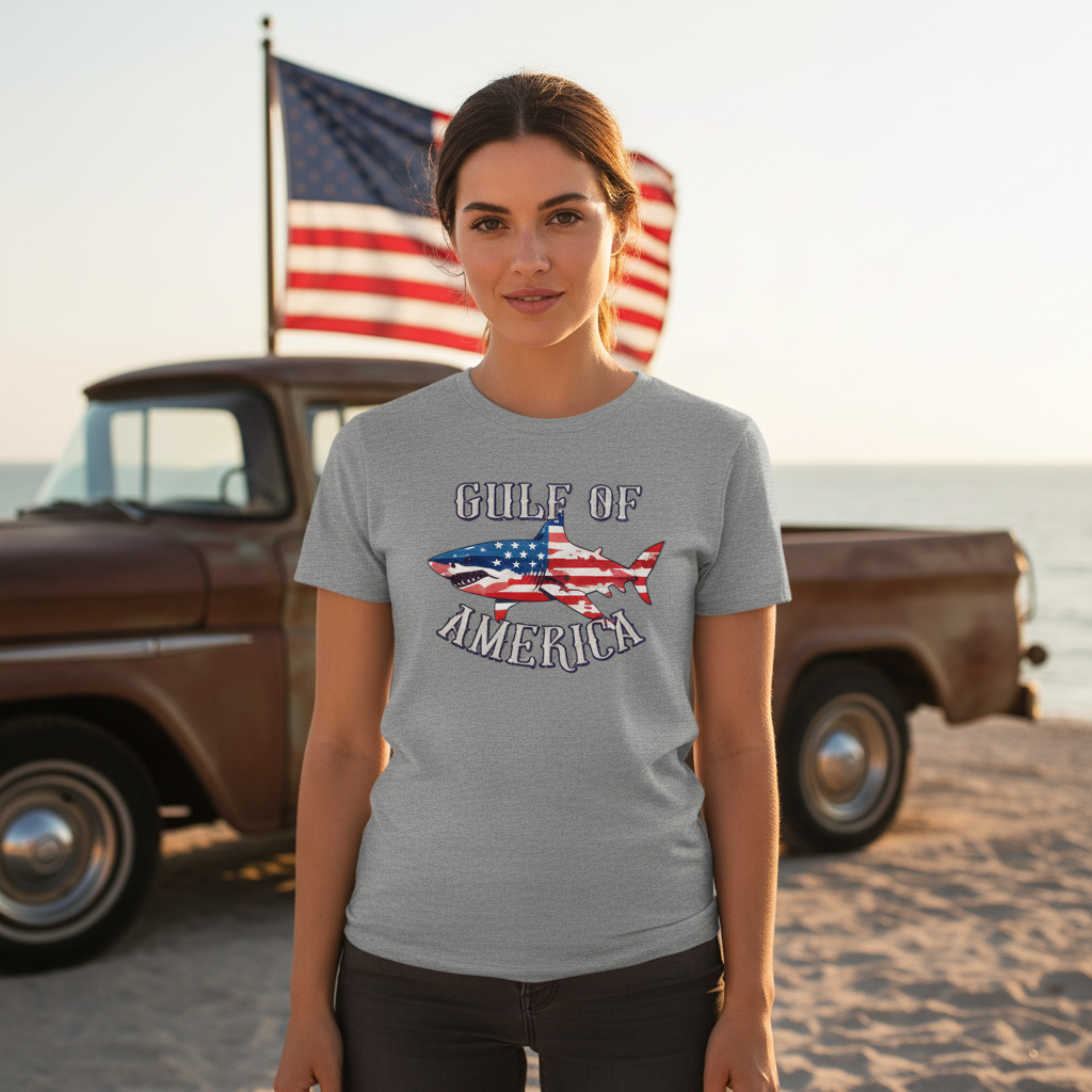 Woman wearing Walton & Johnson Gulf of America Shark T-Shirt