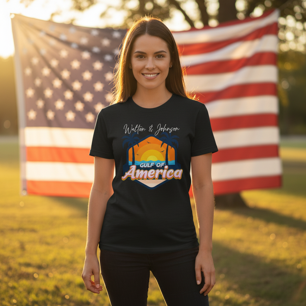 Woman wearing Walton & Johnson Visit the Gulf of America T-shirt