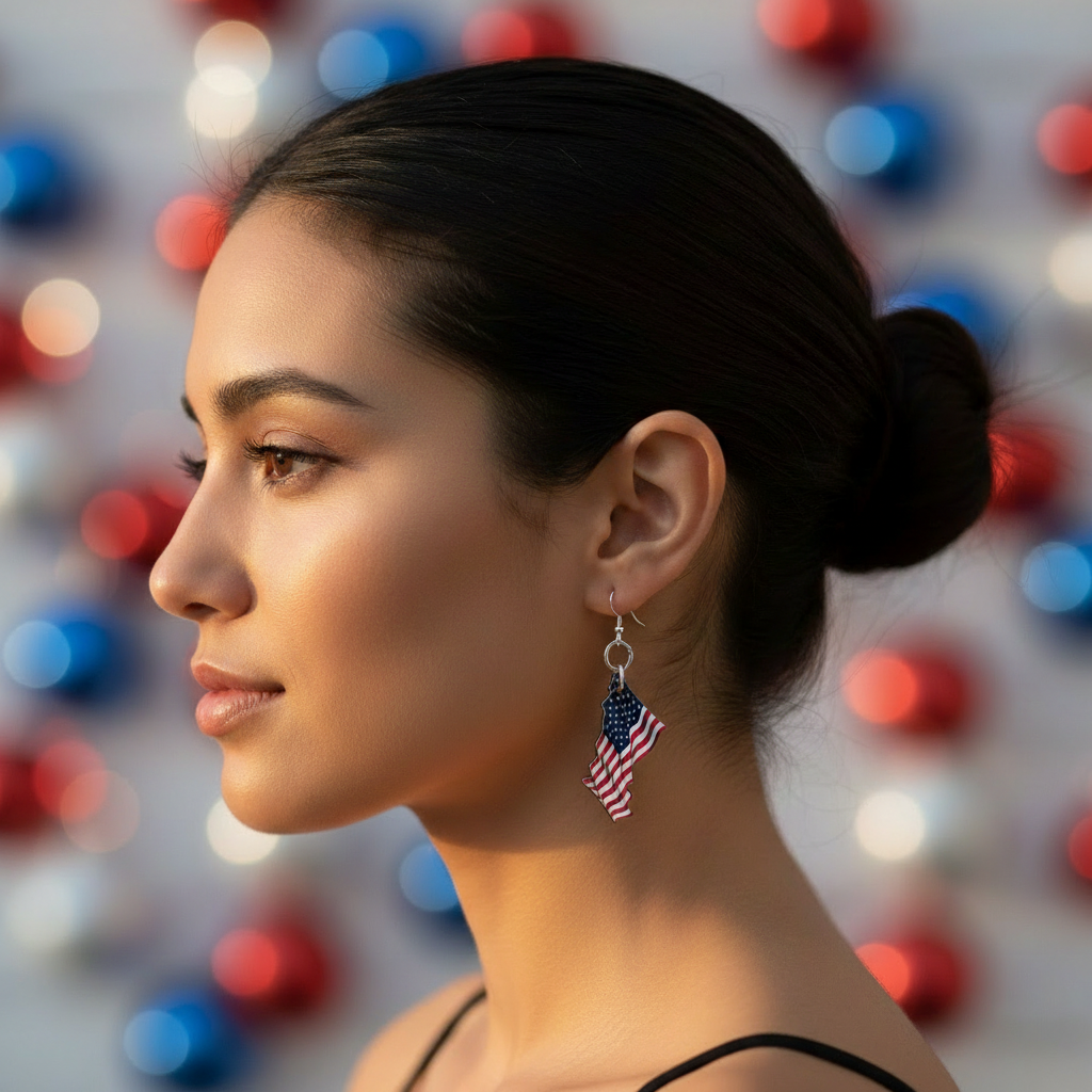 Woman wearing Waving American Flag Earrings - Smaller Size