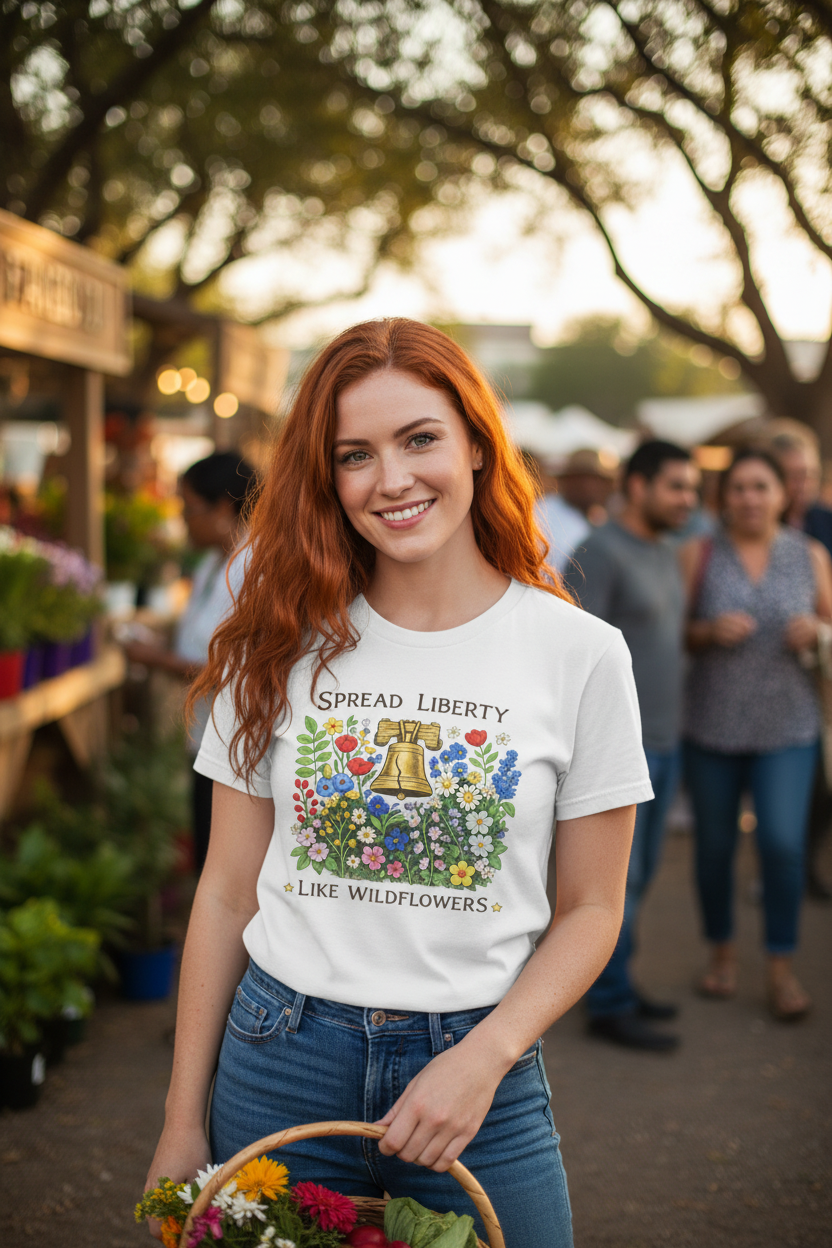 Woman with red hair wearing Liberty Bell wildflower tee