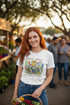 Woman with red hair wearing Liberty Bell wildflower tee