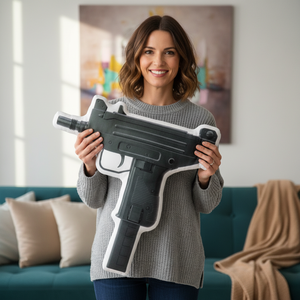 Woman with Uzi Pillow