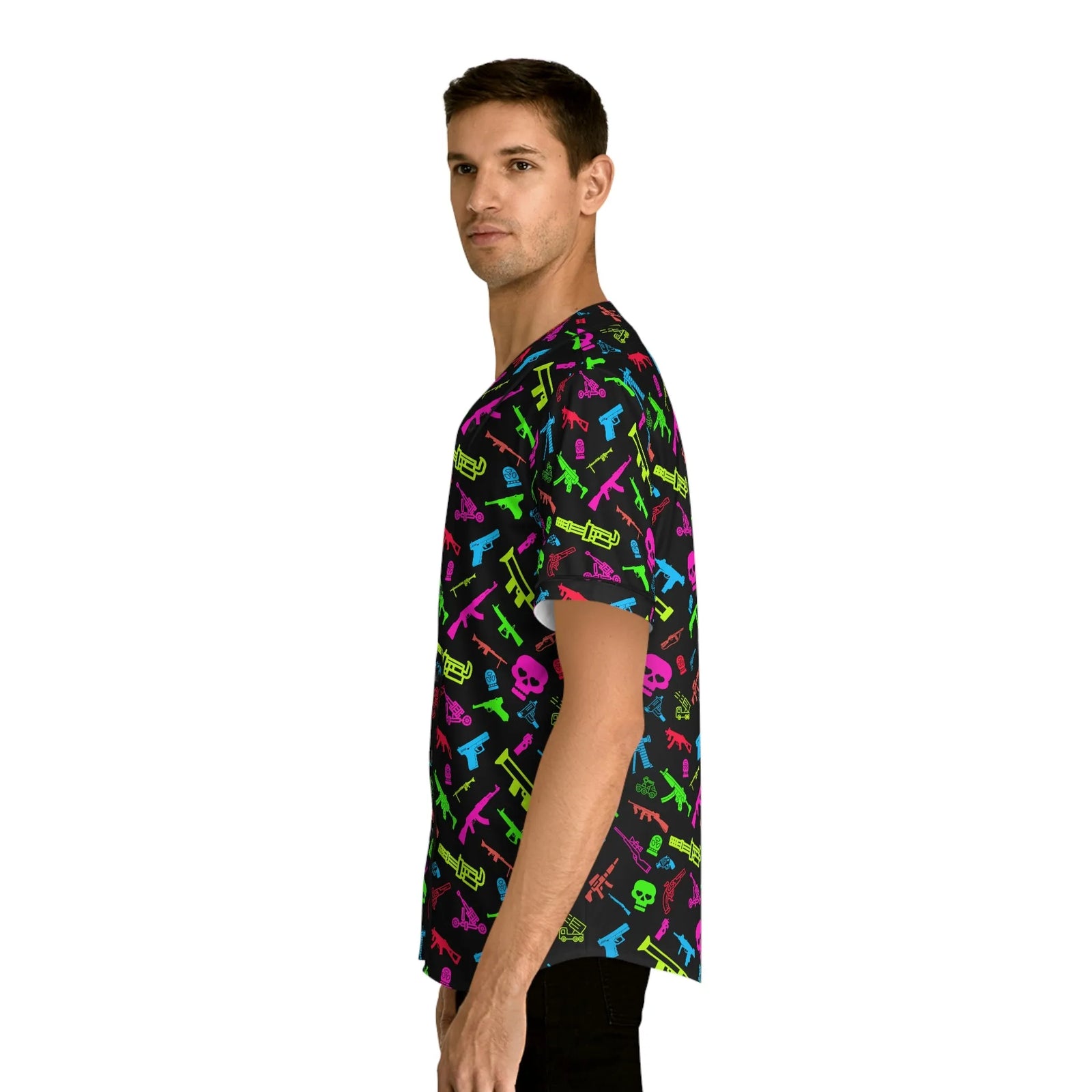 The Gun-Runnin' Shortstop: Retro Neon Firearms Baseball Jersey